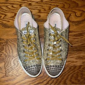 MIU MIU Glitter Gold Luxury Tennis Shoes size 38.5 fit like an 8
